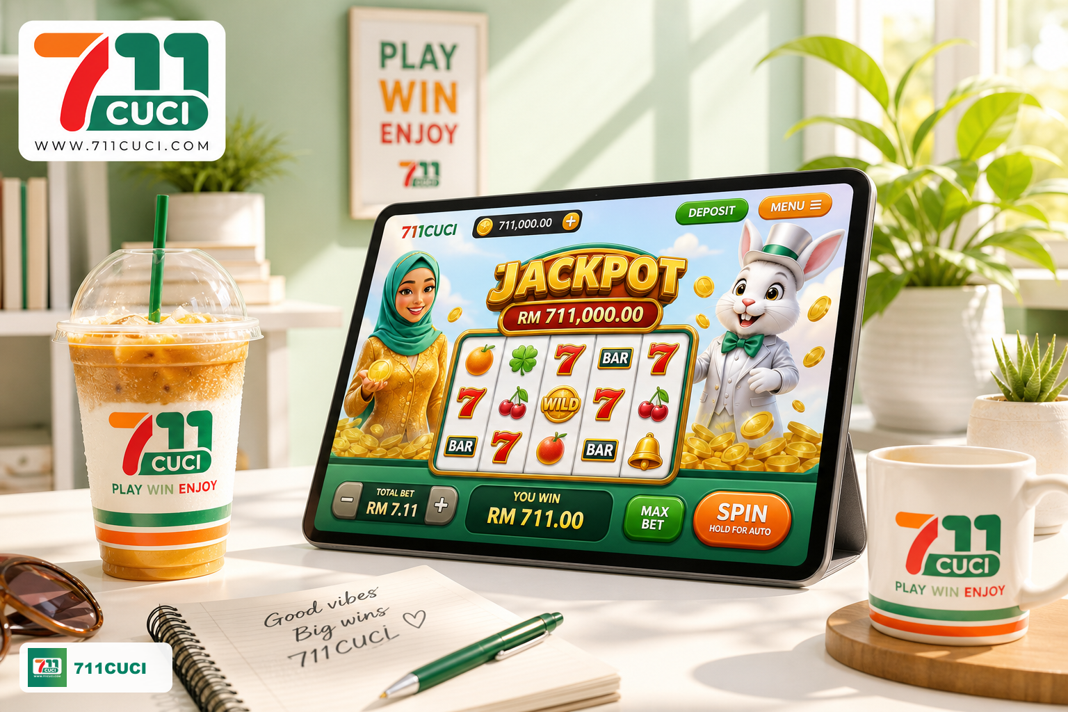 711cuci slots and mobile play lifestyle visual with brand logo