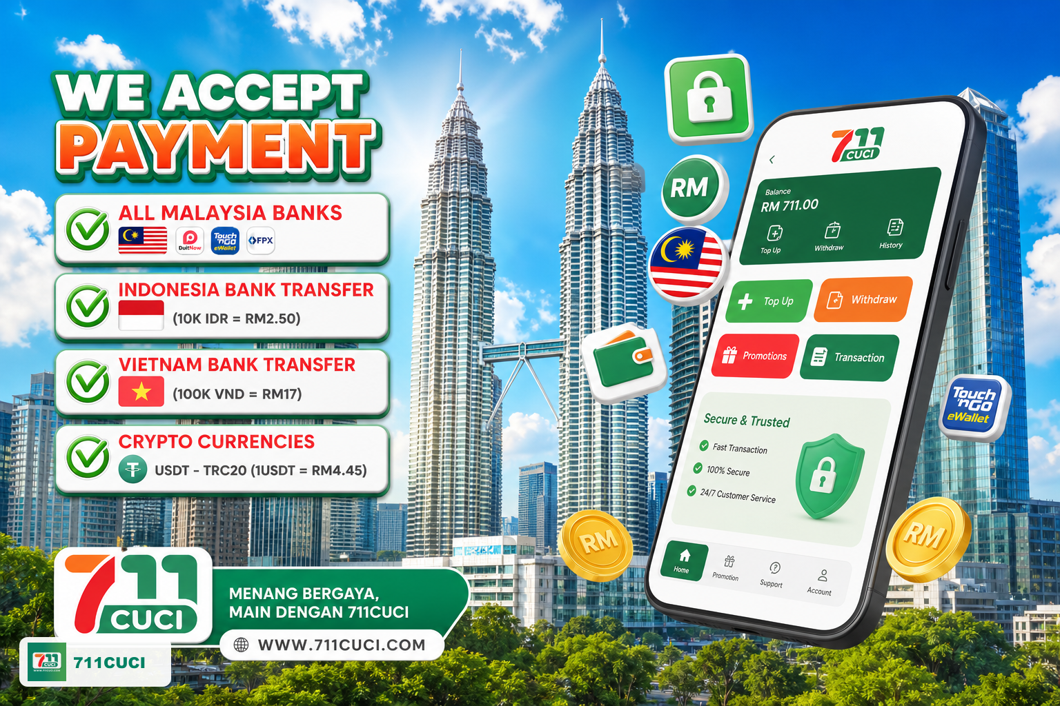 711cuci app and Malaysia city night gaming visual with brand logo